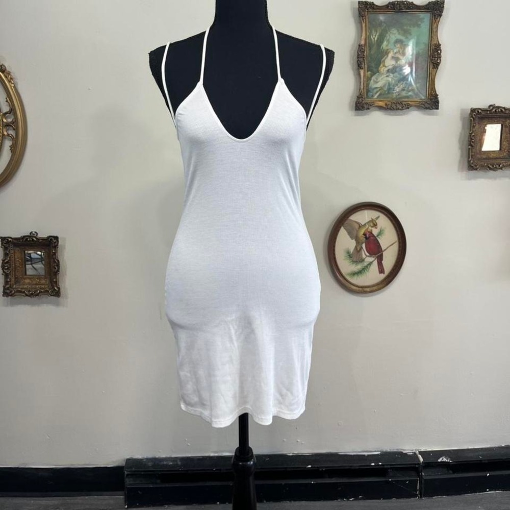 hours Minimal White Ribbed Slip Dress with Spaghetti Straps